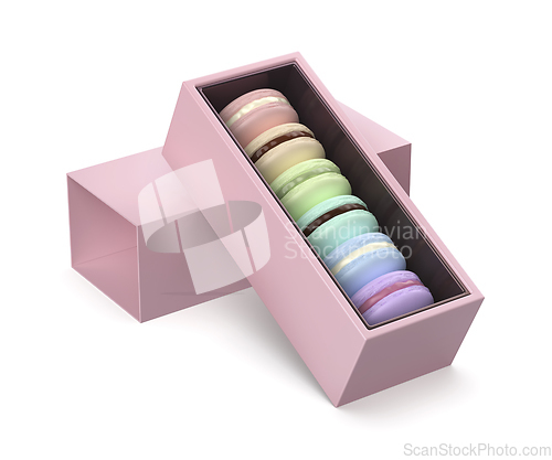 Image of Pink box with six different french macarons