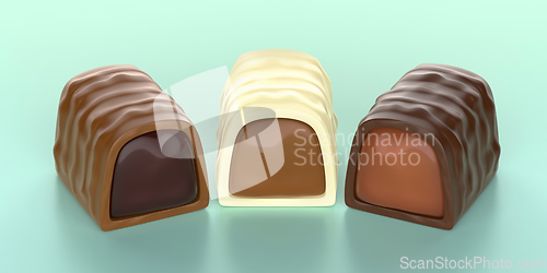 Image of Different chocolate bonbons with caramel, cherry and chocolate f