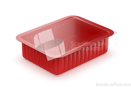 Image of Red plastic packaging for various types of food