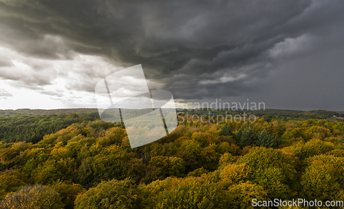 Image of Dark storm clouds over the autumn forest