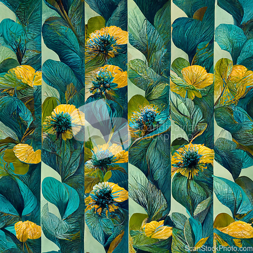 Image of Teal and yellow abstract flower pattern for prints, wall art.
