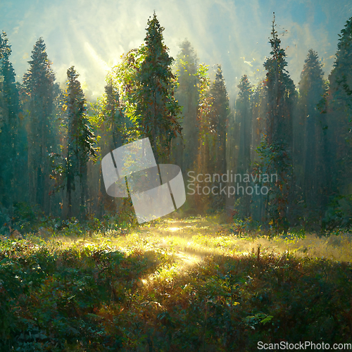 Image of Beautiful sunny morning in magic forest. Forest in the morning i