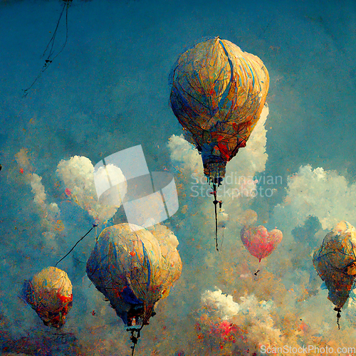 Image of Beautiful fantasy hot air balloons against a blue sky and clouds