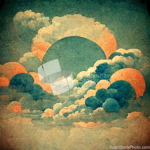 Image of Cloudscape, blue sky with clouds and suns, retro art style.