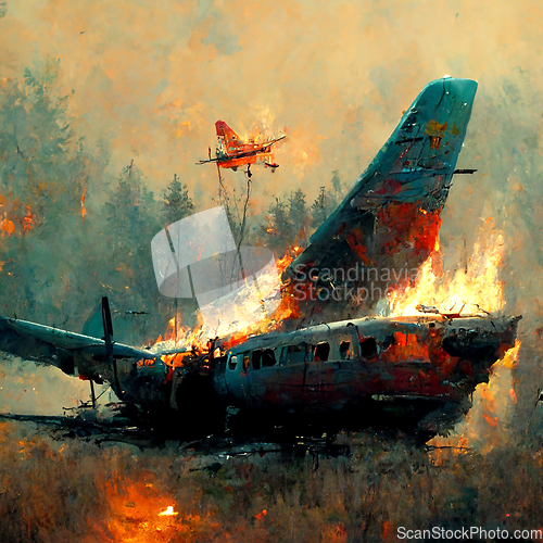 Image of Air Crash. Burning falling plane. The plane crashed to the groun