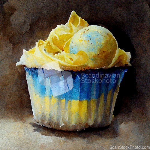 Image of Yellow and blue watercolor cupcake. Delicious vanilla cake with 