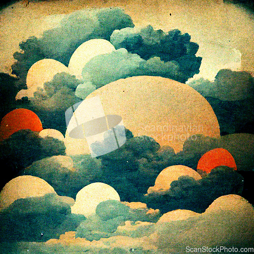 Image of Cloudscape, blue sky with clouds and suns, retro art style.