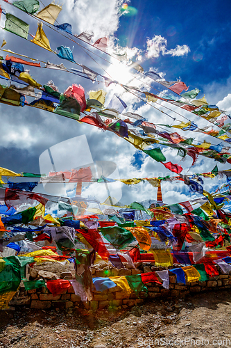 Image of Prayer flags with Buddhist mantra on them at Kunzum La