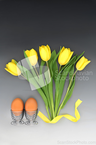 Image of Spring Easter Abstract with Tulips and Fresh Eggs