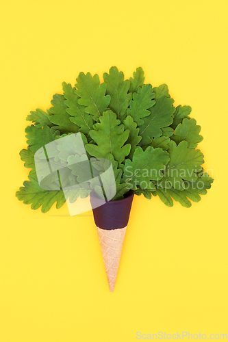 Image of Surreal Oak Tree Leaf Ice Cream Cone Eco Friendly Concept 