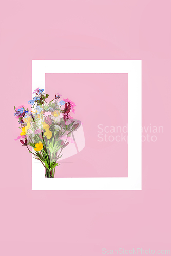 Image of Spring Wildflower Posy Frame on Pink Background 