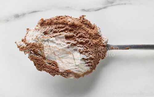 Image of vanilla and chocolate ice cream in a spoon