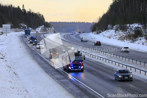 Image of Volvo FE Fire Truck in Motorway Traffic