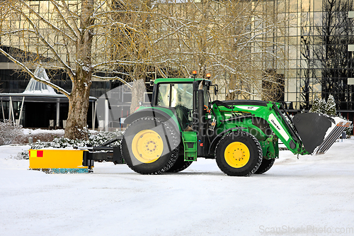 Image of John Deere Tractor Removing Snow with Front End Loader and Rear 