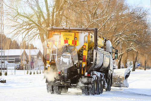 Image of Snow Plough Truck with Salt Spreader on Road