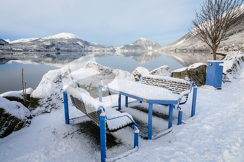 Image of snow-covered benches by the lake