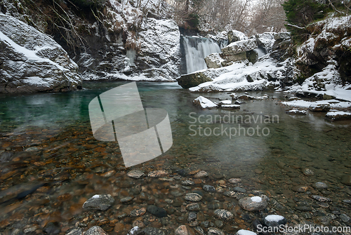 Image of waterfall in winter with green water