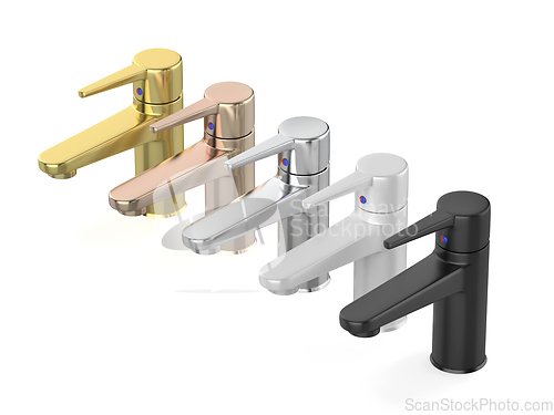 Image of Bathroom faucets with different colors and materials