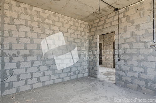 Image of Construction of an individual residential building, interior partitions are made of expanded clay concrete block