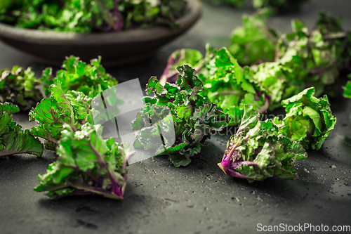 Image of Kalette, kale sprouts, flower sprouts on black background. Heath