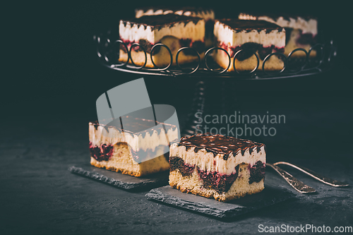 Image of German cake Donauwelle (Danube waves) - vanilla and chocolate sponge cake with sour cherries, vanilla buttercream and chocolate icing 