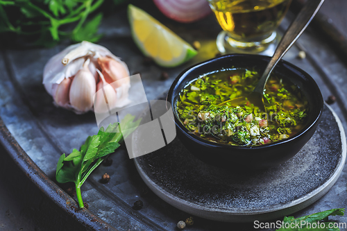 Image of Chimichurri verde - Fresh traditional chimichurri sauce for barb