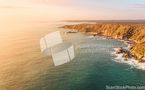 Image of Aerial seascape of Australian coastline with sunrise sky