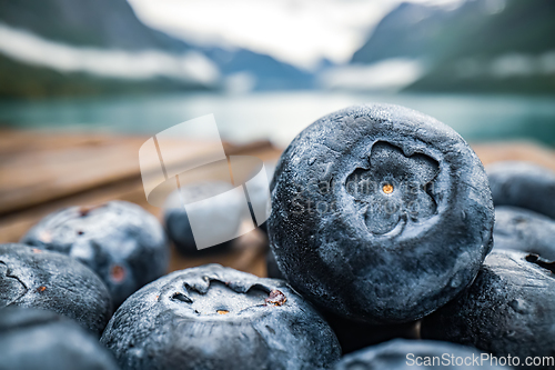 Image of Blueberry antioxidants on a wooden table on a background of Norw