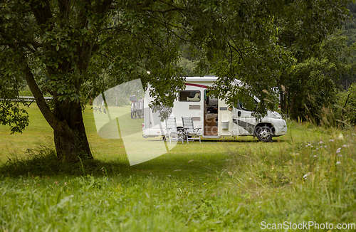 Image of Family vacation travel RV, holiday trip in motorhome