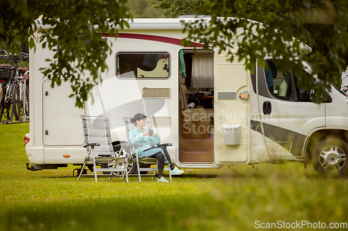 Image of Family vacation travel RV, holiday trip in motorhome