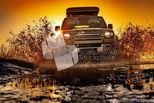 Image of Off road tourist car rides off-road in the highlands. Expedition