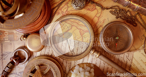 Image of Vintage style travel and adventure. Vintage old compass and othe