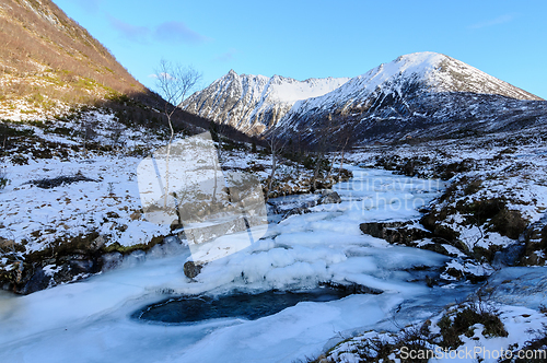 Image of frozen river with snowy mountains