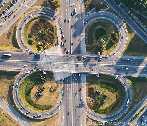 Image of Aerial landscape of busy highway junction road, Transport concept