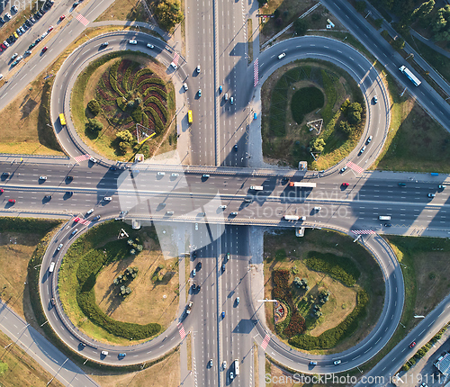 Image of Aerial landscape of busy highway junction road, Transport concept