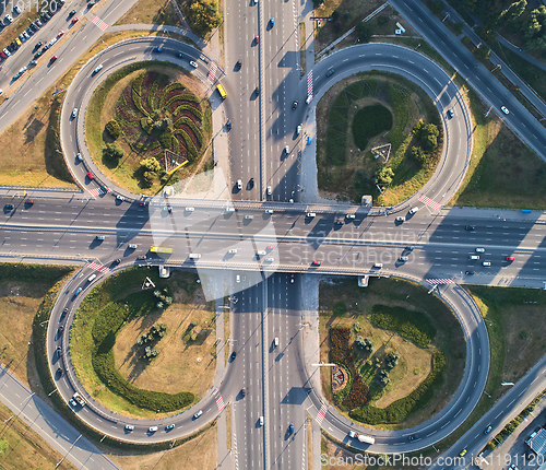 Image of Aerial landscape of busy highway junction road, Transport concept