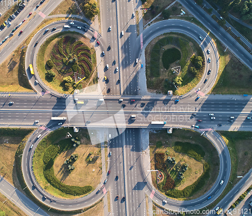 Image of Aerial landscape of busy highway junction road, Transport concept