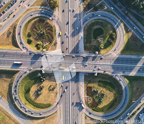 Image of Aerial landscape of busy highway junction road, Transport concept