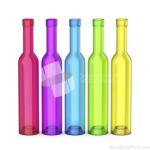 Image of Five tall empty glass bottles