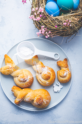 Image of Easter baking - Buns made from yeast dough in a shape of Easter 