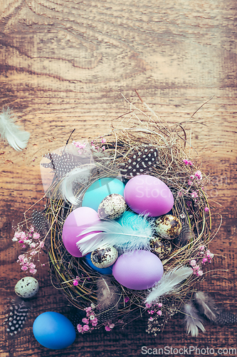 Image of Happy Easter - nest with Easter eggs on wooden background with copy space