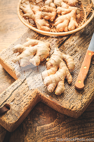 Image of Fresh organic ginger roots on wooden background