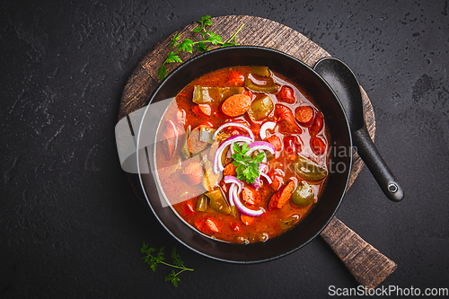 Image of Traditional Solyanka soup - thick and sour soup of Russian origin