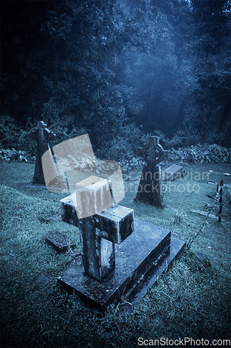 Image of Spooky Halloween graveyard in fog