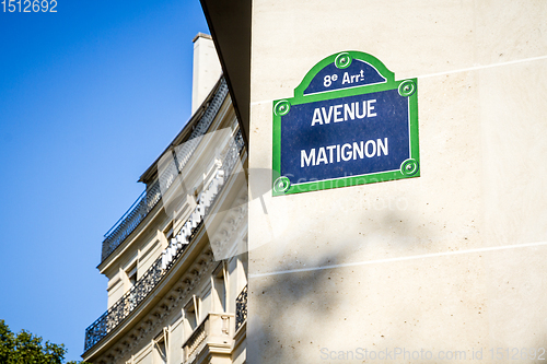 Image of Avenue Matignon street sign, Paris, France