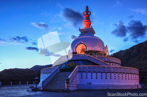 Image of Shanti stupa illuminated in the evening twilight. Leh, Ladakh