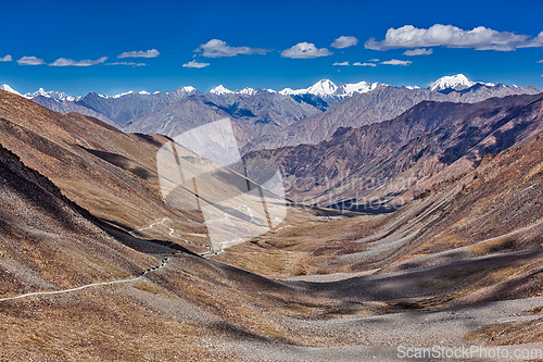 Image of Karakorum Range and road in valley, Ladakh, India