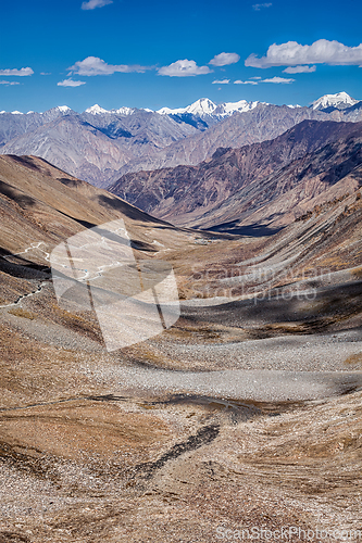 Image of Karakorum Range and road in valley, Ladakh, India