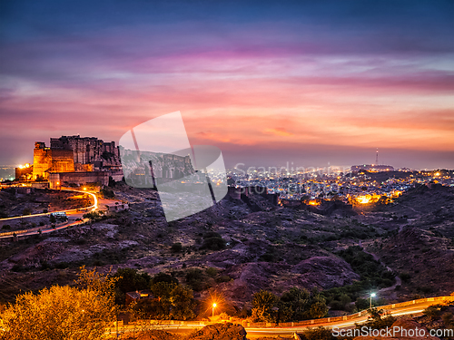 Image of Mehrangarh fort in twilight. Jodhpur, India