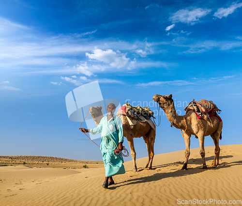 Image of Cameleer (camel driver) with camels in dunes of Thar desert. Raj